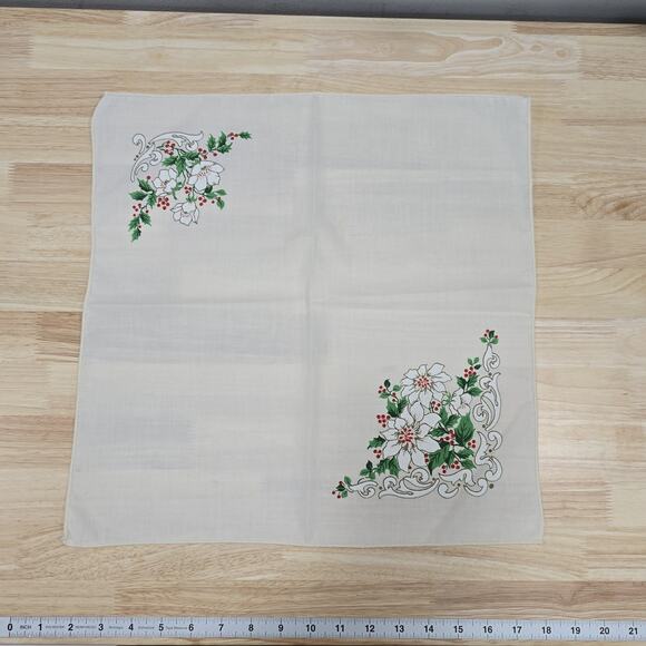 2 - Fabric Table Napkins Christmas Holly Berries Leaves White Poinsettia Flowers - Picture 7 of 15
